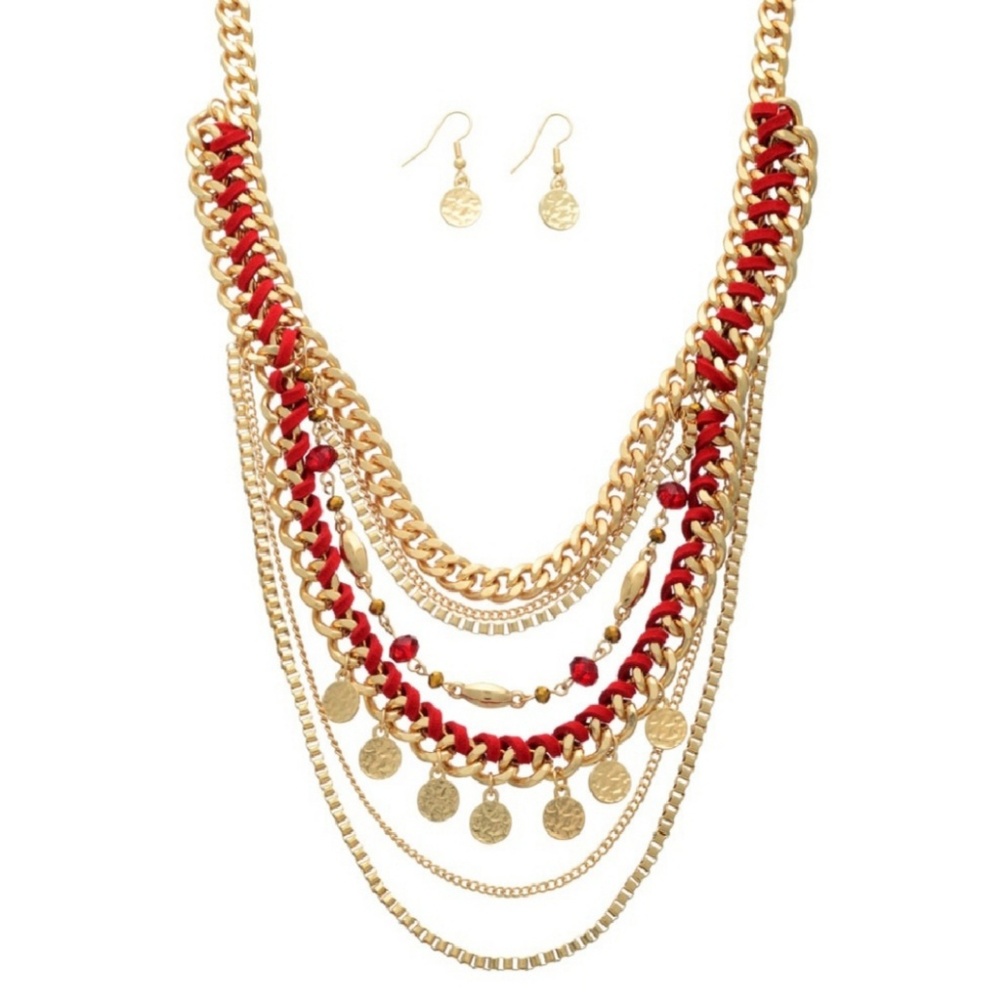 EsMor Red & Gold Layered Necklace & Earring Set